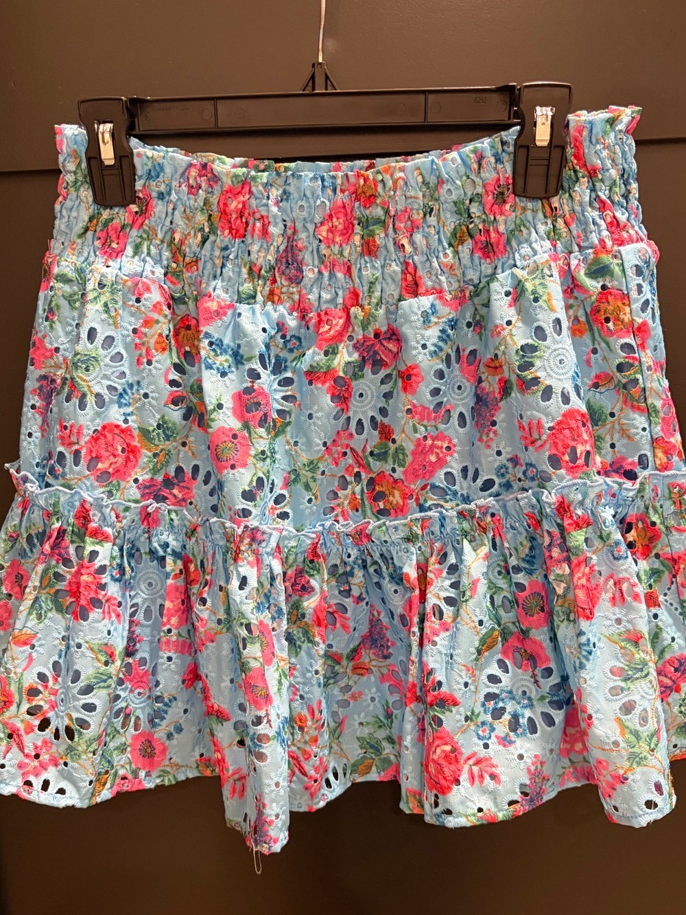 Floral Eyelet Tiered Mini Skirt - Blue with Pink Floral